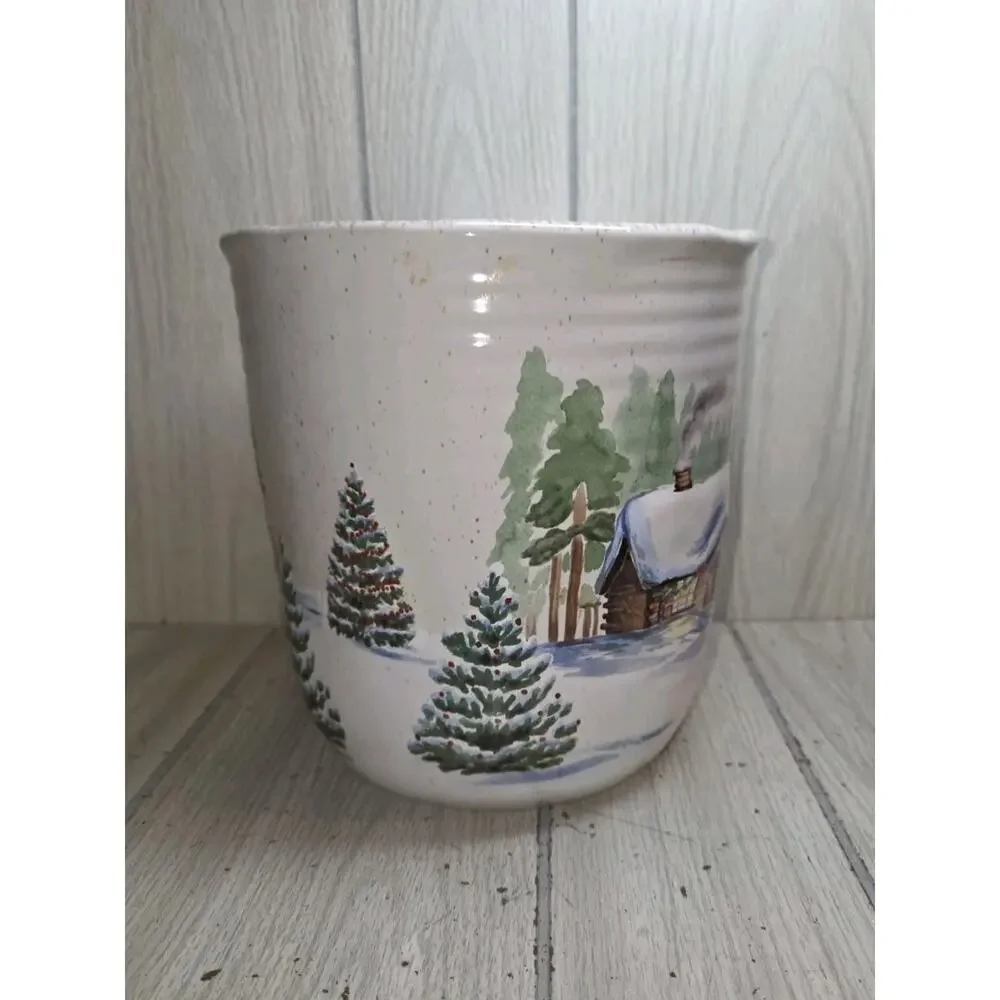 St. Nicholas Square Winter White Country Croc Jar Forest Cabin Deer Planter
